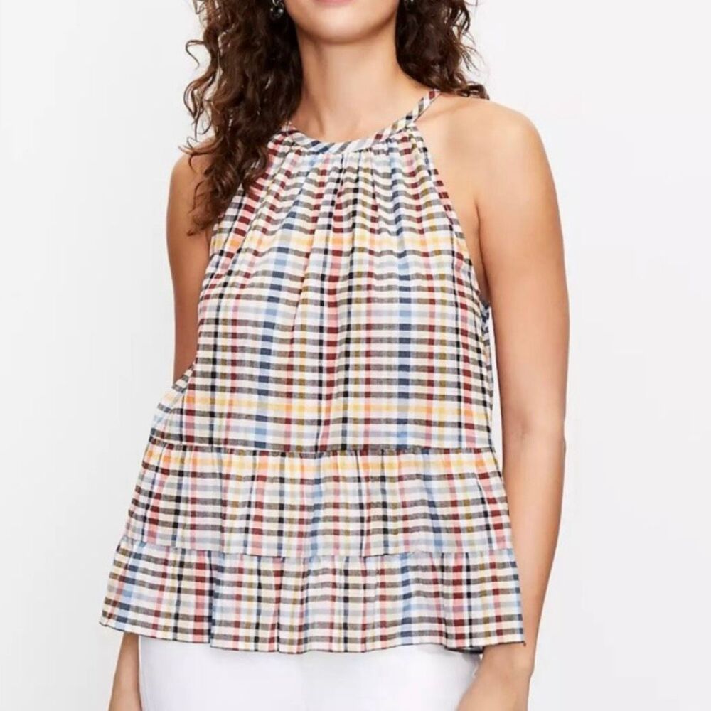Loft LOFT Plaid Tiered Halter Cami Tank Top Blouse Blue Pink Women’s XS